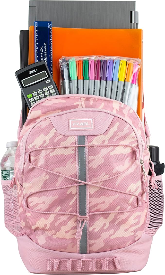 FUEL Hiking Backpack for Women Men Terra Sport, Travel, College, Gym, Work with Laptop Sleeve, Bungee, 18 Inches, Pink Camouflage