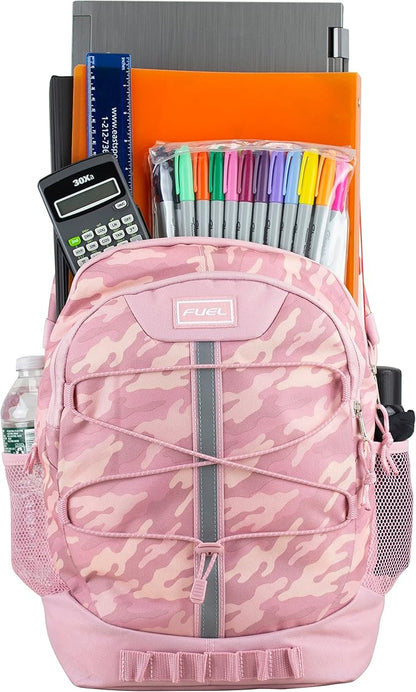 FUEL Hiking Backpack for Women Men Terra Sport, Travel, College, Gym, Work with Laptop Sleeve, Bungee, 18 Inches, Pink Camouflage