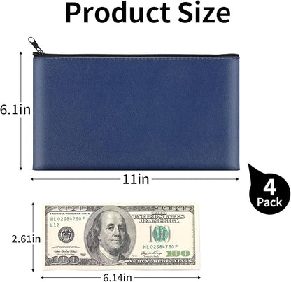 4 Pack Money Bags with Zipper, 11x6.1 Inch PU Leather Cash Pouch, Secure Bank Bag for Coins, Bills, Checks, Invoices, Cosmetics, Tools (Blue)