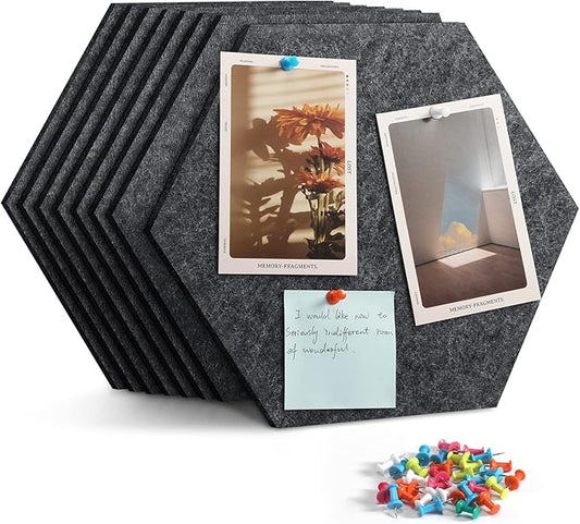 12" Large Bulletin Board with 30 Push Pins, Pack of 8 Hexagon Felt Pin Board Notice Boards for Home Office Kitchen, Felt Wall Tiles for Photos Memos