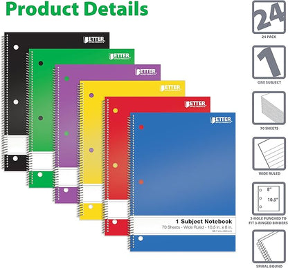 Better Office Products Spiral Notebooks 1-Subject, 24 Pack, Wide Rule, 70 Sheet, 8 x 10.5 inches, 6 Assorted Primary Colors, 24 Pack