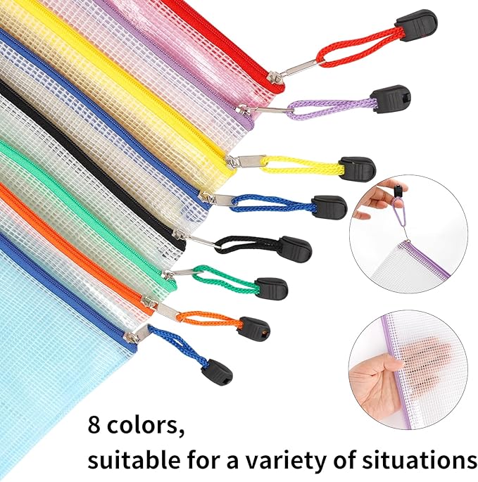 EOOUT 16pcs Mesh Zipper Pouch, Puzzles, Board Game Storage Bags for Organizing, Waterproof Zip File Bags, Letter Size, A4 Size, for School Office Supplies, Storage Bags, 8 Colors