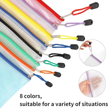 EOOUT 16pcs Mesh Zipper Pouch, Puzzles, Board Game Storage Bags for Organizing, Waterproof Zip File Bags, Letter Size, A4 Size, for School Office Supplies, Storage Bags, 8 Colors