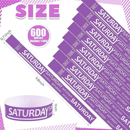 Henoyso 600 Pcs Saturday Paper Wristbands Event Wristbands Paper Bracelets Wristbands Numbered Waterproof Party Wristbands for Events Day of The Week(Purple)