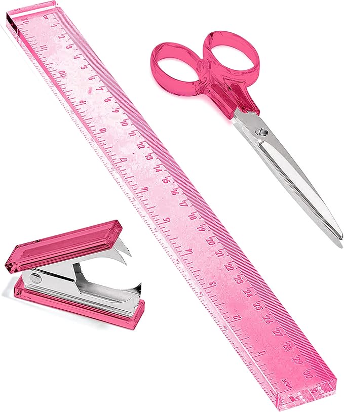 OfficeGoods 3 Piece Acrylic Desk Set - Includes Ruler, Staple Remover, Scissors - Functional & Elegant Desk Accessories - Stationery Tools for Home, Office, and School - Pink with Silver Metal