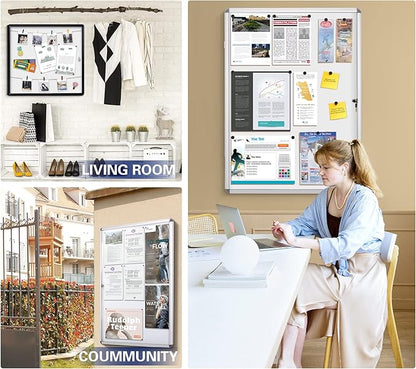 SWANCROWN Lockable Noticeboard White Bulletin Boards Magnetic Wall Mount Message Board with Glass Door and Keys 28x26inch(6xA4)