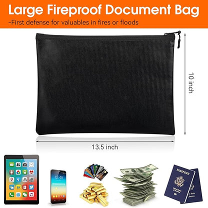 Fireproof Document Bag (10"x13.5" / 2000℉), Fireproof Waterproof Money Bag with Zipper, Premium Fiberglass, Fire Safe Storage for Documents, Passports, Cash, Valuables (Black)