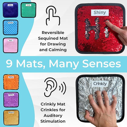 9 Labeled Sensory Mats w/Lesson Plans, Sensory Toys for Kids with Autism, Sensory Wall & Autism Toys for Toddlers 3-4, Calming Corner Items Kids 5-7, 8-12, Special Education Classroom Must Haves