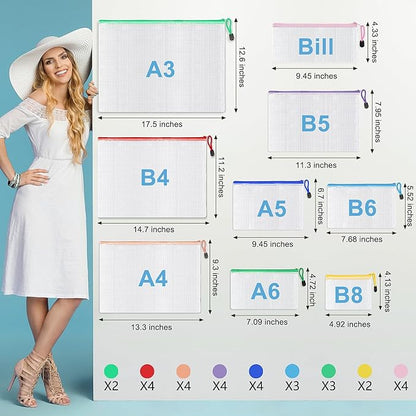 30 Pcs Mesh Zipper Bags, 9 Colors, 9 Sizes Waterproof Plastic Zipper Pouches, Multipurpose for Organizing, Home, School, Office, and Travel Storage