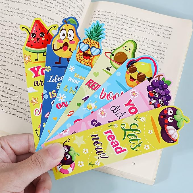 30 Pieces Fruit Paper Bookmarks,Inspirational Book Makers for Students Reading Lovers,Cute Book Page Marks for Kids Teens, Creative Page Clips for Game Prizes School Gifts(15 Styles,15x4cm)