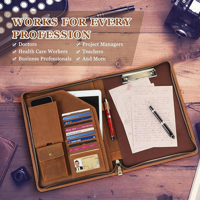 Full Grain Leather Portfolio Binder, Leather Padfolio Business Resume Legal Pad Notebook Binder for A4/Pad, Leather Folio Leather Folder, Writing Pad for Business School Office
