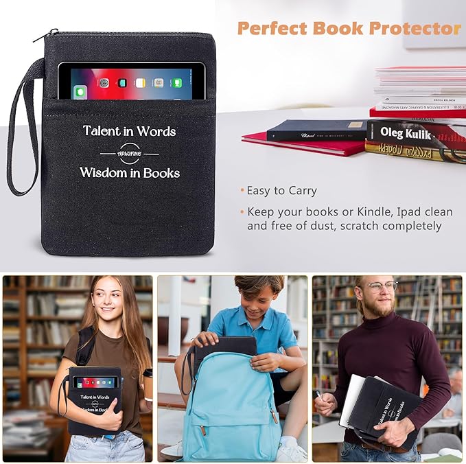 Book Sleeve for Book Lovers - Book Covers with Zipper Pockets - Canvas Book Protector for Paperbacks, Softcover - Washablle Book Pouch - Book Carrying Case - Book Carrier- Book Gift