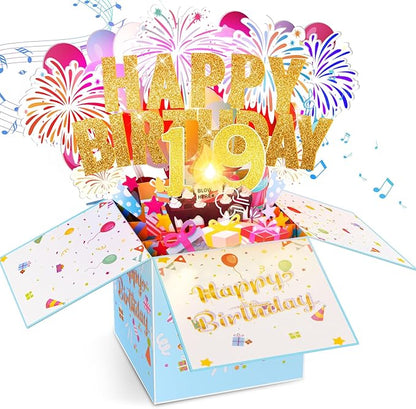 Tnvee 19TH Birthday Cards with Lights Music, 3D Pop Up Singing Happy Birthday Greeting Cards Gifts Ideal for 19 Year Old Boy Girl Daughter Son