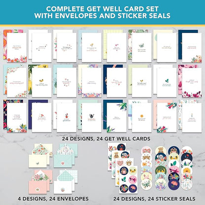 Decorably 24 Pack 4x6in Assorted Get Well Cards with Envelopes and Stickers, 24 Unique Floral Designs Boxed Get Well Cards with Printed Message Inside