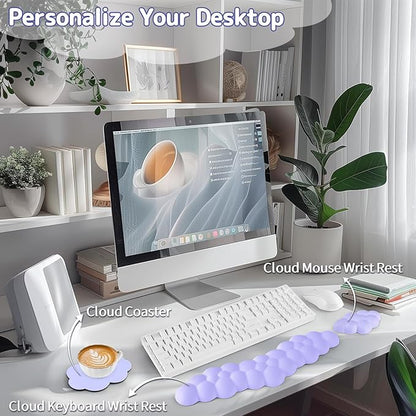 Cloud Wrist Rest Keyboard, Cloud Palm Rest Set with PU Leather Memory Foam, Cute Keyboard Rest for Wrist Support and Arm Rest, Desk Cloud Wrist Pad for PC/Gaming/Hand Cushion/Computer-Purple