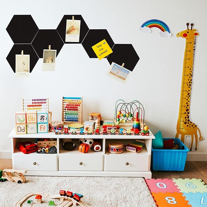 6Pcs Black Hexagon Bulletin Board Strips,Black Felt Pin Board Bar Strips with 50 Pushpins, Self-Adhesive Felt Cork Board Strips for Wall to Display Your Notes, Photos, Schedules