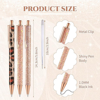 Sherr 7 Pcs Fancy Pens for Women Cute Sparkly Glitter Pens with 10 Pcs Black Ink Refills Pretty Gifts for Girls Office School Christmas Graduation(Rose Gold,Elegant)