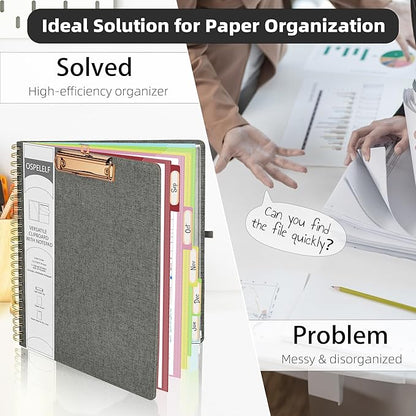 Ospelelf Foldable Spiral Clipboard Folio with Storage Zipper Pouch, 5 Plastic Folders with 10 Pockets,Refillable Lined Notepad (11" x 8.5"), Hardcover Project Organizer with 39 Stickers (Dark Grey)