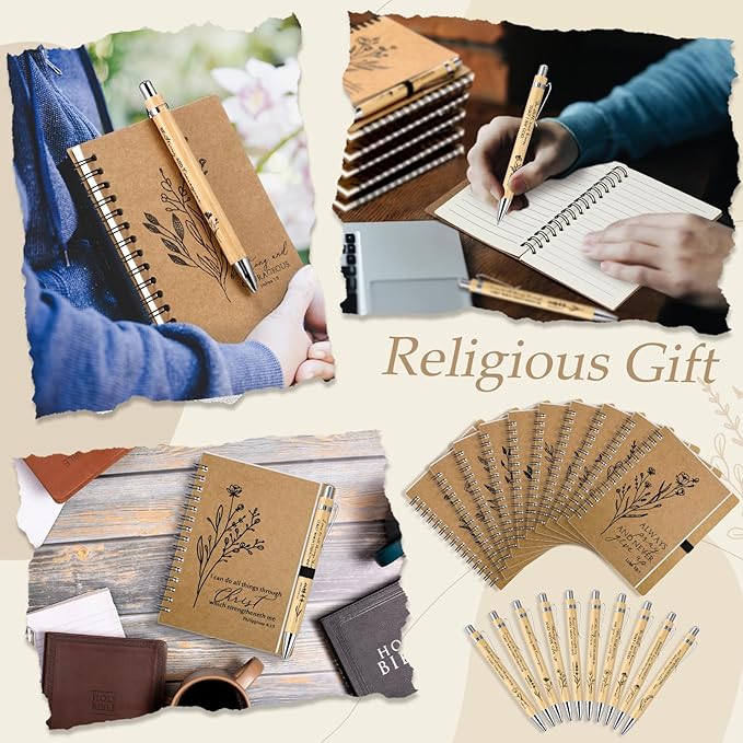 100 Pcs Bible Verse Spiral Notebook with Bamboo Christian Ballpoint Pens Aesthetic Religious Notepads Inspirational Journals Easter Christian Gifts for Women Men Office (Classic Style)