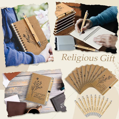 200 Pcs Bible Verse Spiral Notebook with Bamboo Christian Ballpoint Pens Aesthetic Religious Notepads Inspirational Journals Easter Christian Gifts for Women Men Office (Classic Style)