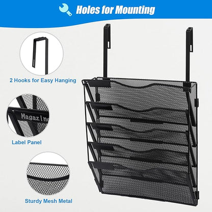 EASEPRES 5 Pocket Mesh Hanging Wall File Organizer with Hangers & Nametag Label, Wall Mounted Mail Paper Document Folder Holder, Clipboard Storage Organization Magazine Rack for Office Cubicle, Black