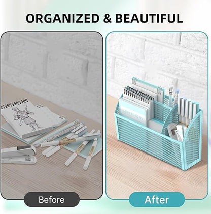 DALTACK Magnetic Pencil Holder - 3-Grid Mesh Shelf for Whiteboard, Refrigerator & Locker - Organizer for Home, School & Office, Blue