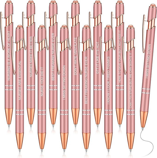 Zonon 12 Pieces Inspirational Pens Bulk Easter Basket Stuffers Motivational Quotes Ballpoint Pens with Stylus Tip Inspirational Gifts for School Office Teachers(Rose Gold,Nurse Style)