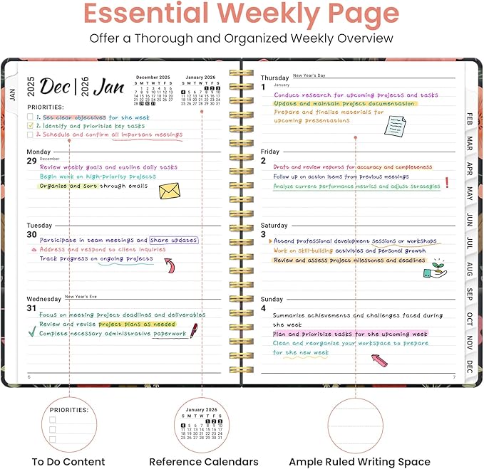 2026 Planner, Weekly and Monthly Planner for Women, January 2026 to December 2026, Pretty Hardcover 2026 Calendar Planner Book with Tabs, Inner Pocket, Spiral Bound, Perfect Office Home School Supplies - 6.3" x 8.5", Nocturne Floral