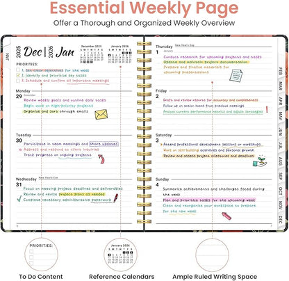 2026 Planner, Weekly and Monthly Planner for Women, January 2026 to December 2026, Pretty Hardcover 2026 Calendar Planner Book with Tabs, Inner Pocket, Spiral Bound, Perfect Office Home School Supplies - 6.3" x 8.5", Nocturne Floral