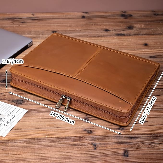Handmade Crazy-Horse Leather Padfolio Portfolio, Easy to Carry with A Zippered Closure, Business Organizer Tablet Folio Folder with Letter Size Notepad, Gift for Women & Men (Brown, Custom)