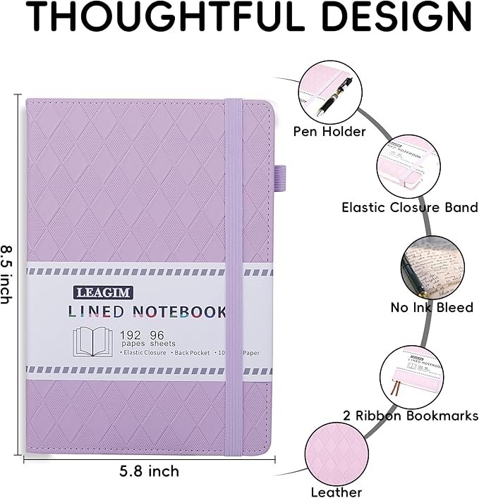 Lined Journal Notebook for Women Men, 192 Pages 100 GSM Thick Paper, Hardcover | Embossed Leather Journals for Writing, A5 College Ruled | Business, Work & School, 5.8"×8.5"(Purple)