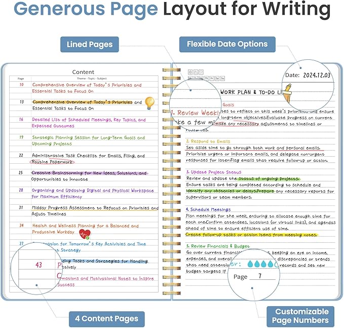 Taja Spiral Lined Notebook, 8.5"x11" Notebooks for Work, Large A4 Journal for Women & Men, College Ruled Journaling Notebook for Writing, Plastic Cover Spiral Journal, Blue