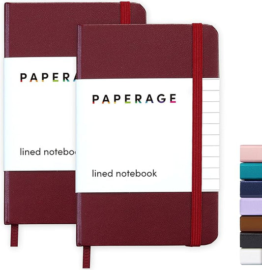 PAPERAGE Lined Pocket Journal Notebook, 2 Pack, (Burgundy), 160 Pages, Small Notebook, 3.6 inches x 5.6 inches - 100 GSM Thick Paper, Hardcover