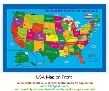 2-Sided Desk Map with Durable Lamination (2 Children's Desk Maps: US Map/US Centered World Map)