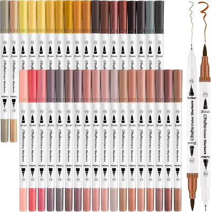 Ohuhu Skin Tone Markers 36 Colors: Dual Tip Brush and Fineliner Markers for Adult Coloring Water Based Art Skintone Marker Pens Set for Portrait Drawing Lettering Writing Calligraphy Journaling - Maui