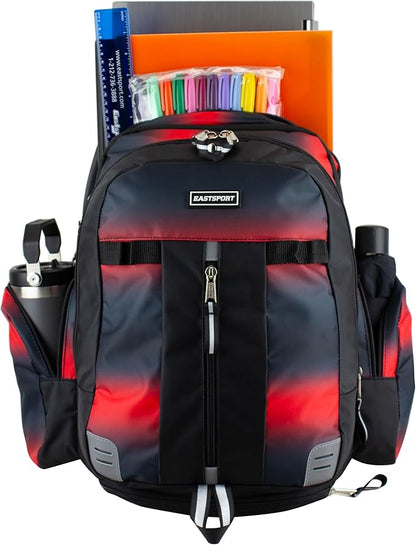Eastsport Extra Large Backpack Expandable Oversized For Travel Hiking Work Camping Sports Outdoors With Drawstring Bag 18x13.5x9.5 Mochila De Viaje Red Ombre Black