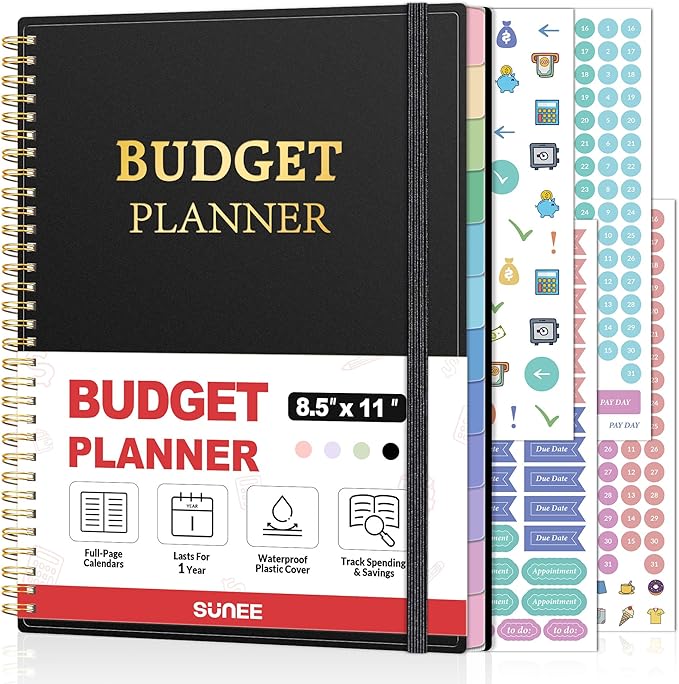 SUNEE Budget Planner - Monthly Budget Book with Expense Tracker Notebook, A4(8.5" x 11") Undated 12 Month Bill Organizer & Finance Planner to Manage Your Money, Account Book with Colorful Tab, Black