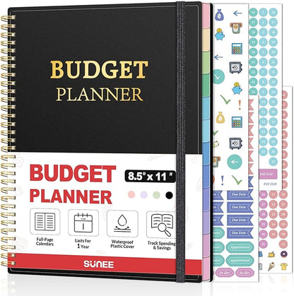 SUNEE Budget Planner - Monthly Budget Book with Expense Tracker Notebook, A4(8.5" x 11") Undated 12 Month Bill Organizer & Finance Planner to Manage Your Money, Account Book with Colorful Tab, Black