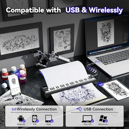 P90-Pino Wireless Tattoo Stencil Printer - Black with Elegant Piano-Inspired Design