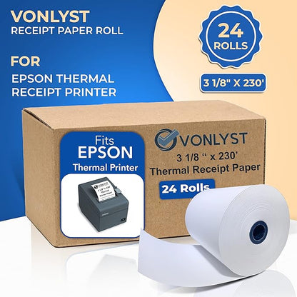 3 1/8 x 230 Thermal Paper Receipt Roll for Epson Printer (Pack 24 rolls)