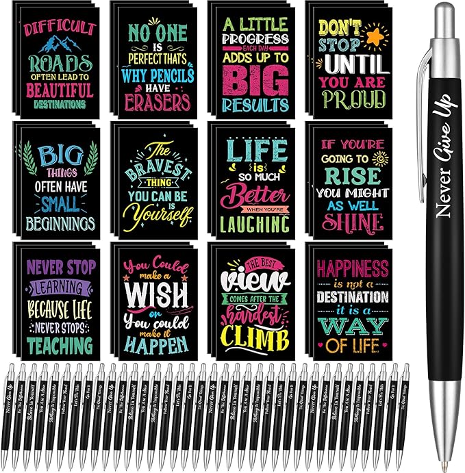 Yeaqee 72 Pcs Motivational Pens Notepads Gifts Set Inspirational Quote Ballpoint Pen Small Notebook Mini Journal Bulk Gifts for Teacher Coworker Gifts Women Office School(Inspirational)