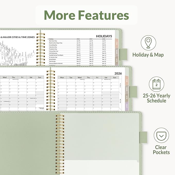 SUNEE 2026 Weekly & Monthly Planner 9"x11.2"- 12 Month (January 2026 - December 2026), Vegan Leather Cover, Pocket, Bookmark, Notes, Monthly Tab, Sage Green