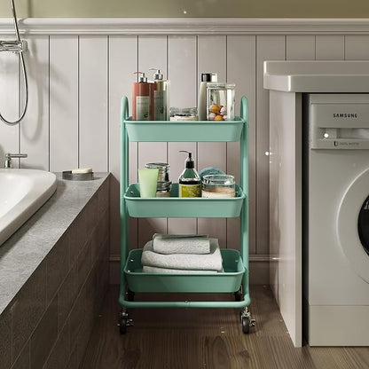 3-Tier Green Utility Rolling Cart,Kitchen Storage Carts with Wheels,Green Metal Rolling Cart for Office,Home,Kitchen,Garden（18"x11.4"x31.2"）