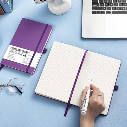 Dotted Journal/Notebook - Dot Grid Hard Cover Notebook, Premium Thick Paper with Fine Inner Pocket, Black Smooth Faux Leather, Pen Loop, 5.3'' x 8.26'' - Purple