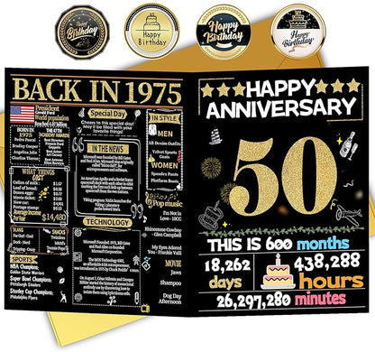 Joycard 50th Anniversary Card for Women Men, Gold Wedding Card for Wife Husband, Sweet Marriage Decorations Gifts for Couple, Perfect for Her Him on Anniversary Day, Gold Wedding Card, Back in 1975