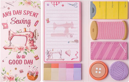 Retro Sewing Sticky Notes Set - Any Day Spent Sewing is A Good Day Self-Stick Note Pads Teacher Appreciation Notepads Writing Memo Pad Page Marker Back to School Office Supplies (Pink)