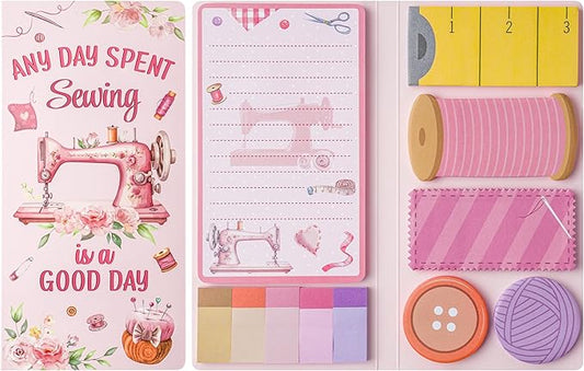 Retro Sewing Sticky Notes Set - Any Day Spent Sewing is A Good Day Self-Stick Note Pads Teacher Appreciation Notepads Writing Memo Pad Page Marker Back to School Office Supplies (Pink)