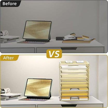 DALTACK 9-Tier Paper Letter Tray Desk Organizer with Handles, Mesh File Holder Organization, File Organizer for Desk Paper Sorter for Office Home School, Gold