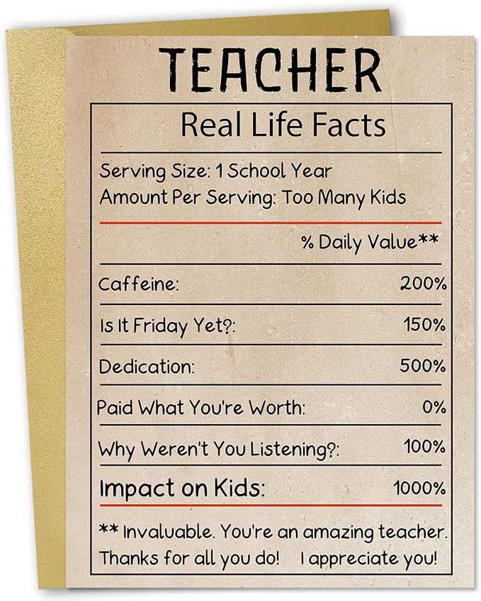 Funny Teacher Appreciation Card, 10.6x7.9 inches Teacher Thank You Card with Envelope, Teacher Gifts form Students, Teacher Appreciation Week Gifts Ideas