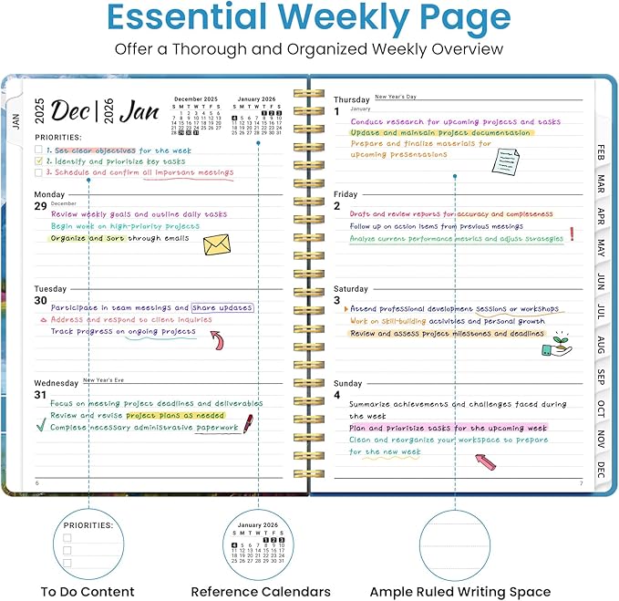 2026 Planner, Weekly and Monthly Planner for Women, January 2026 to December 2026, Pretty Hardcover 2026 Calendar Planner Book with Tabs, Inner Pocket, Spiral Bound, Perfect Office Home School Supplies - 6.3" x 8.5", Summer Valley